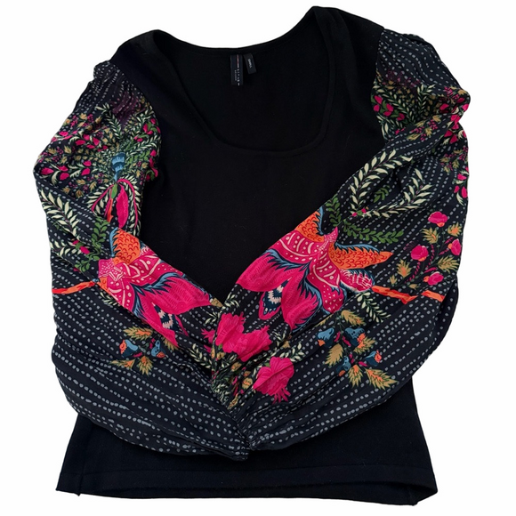 BLANK LONDON Boho Black Knit Top Balloon Sleeves Small Chic Colorful Floral - Picture 3 of 11